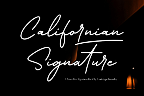 Californian Signature font displayed in elegant white script on black background with warm lighting