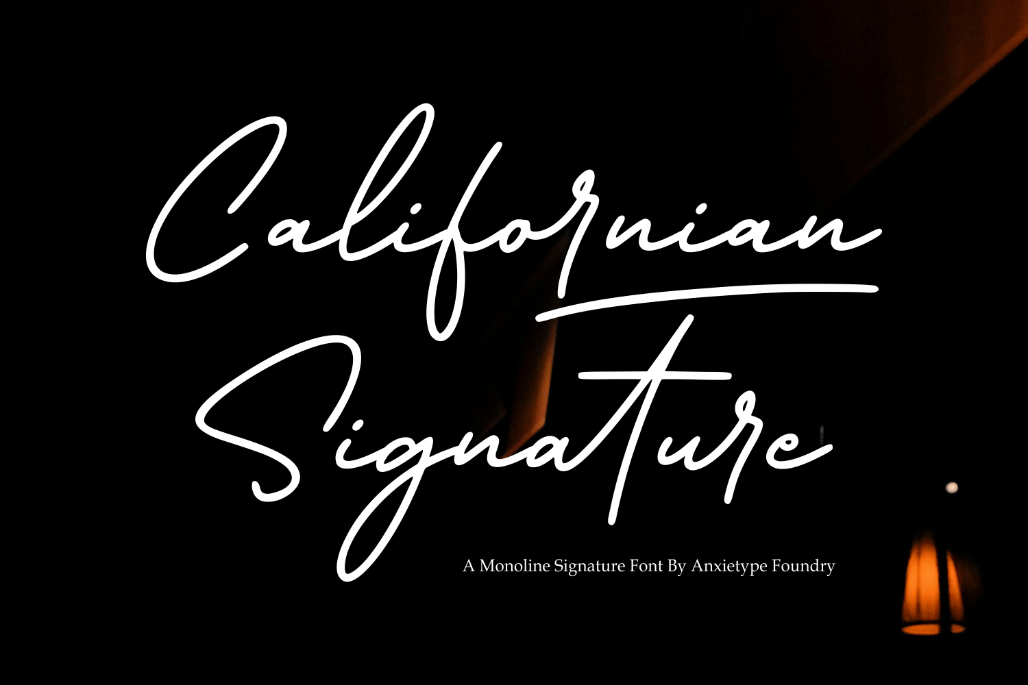 Californian Signature font displayed in elegant white script on black background with warm lighting
