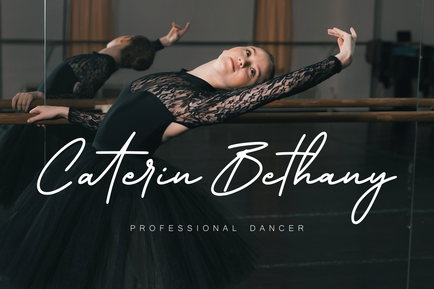 Dancer in black lace leaning back against mirror with elegant script typography overlay