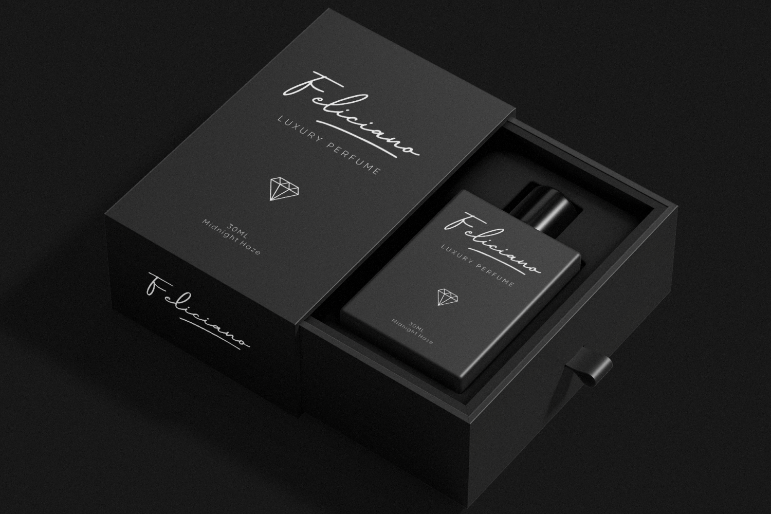 Luxury perfume box mockup with black packaging, bottle, diamond icon, handwritten logo on dark background