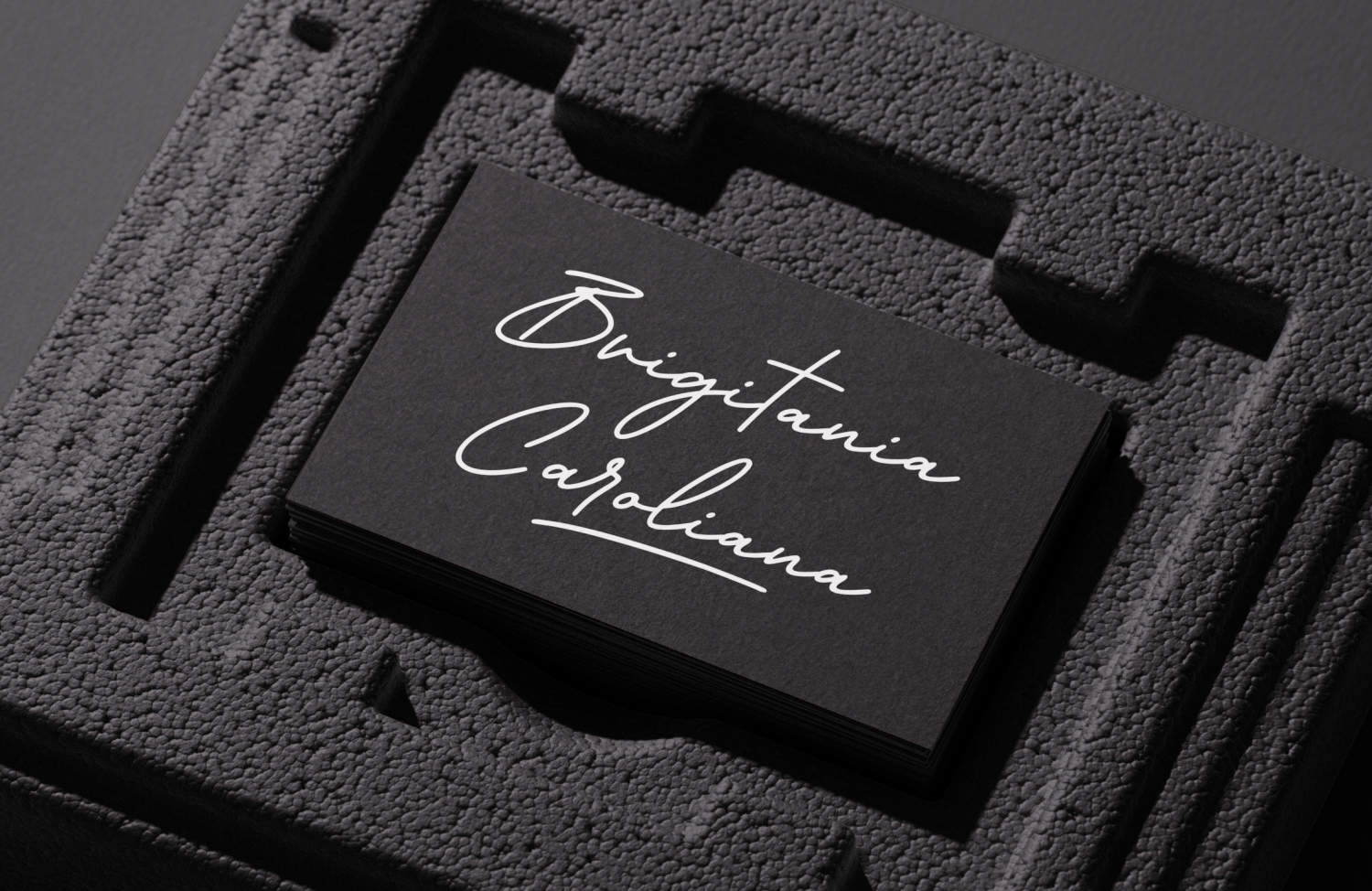 Black business card mockup with handwritten script logo on textured surface with shadows