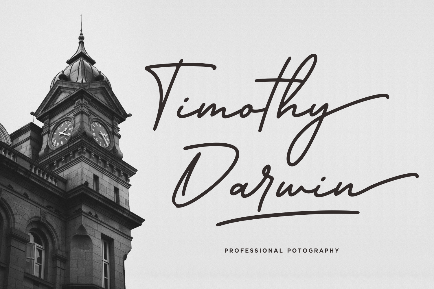 Black clock tower with cursive signature text layout for photography branding