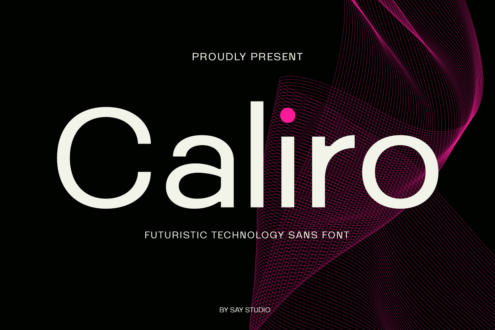 Caliro futuristic sans font with magenta mesh wave on black background