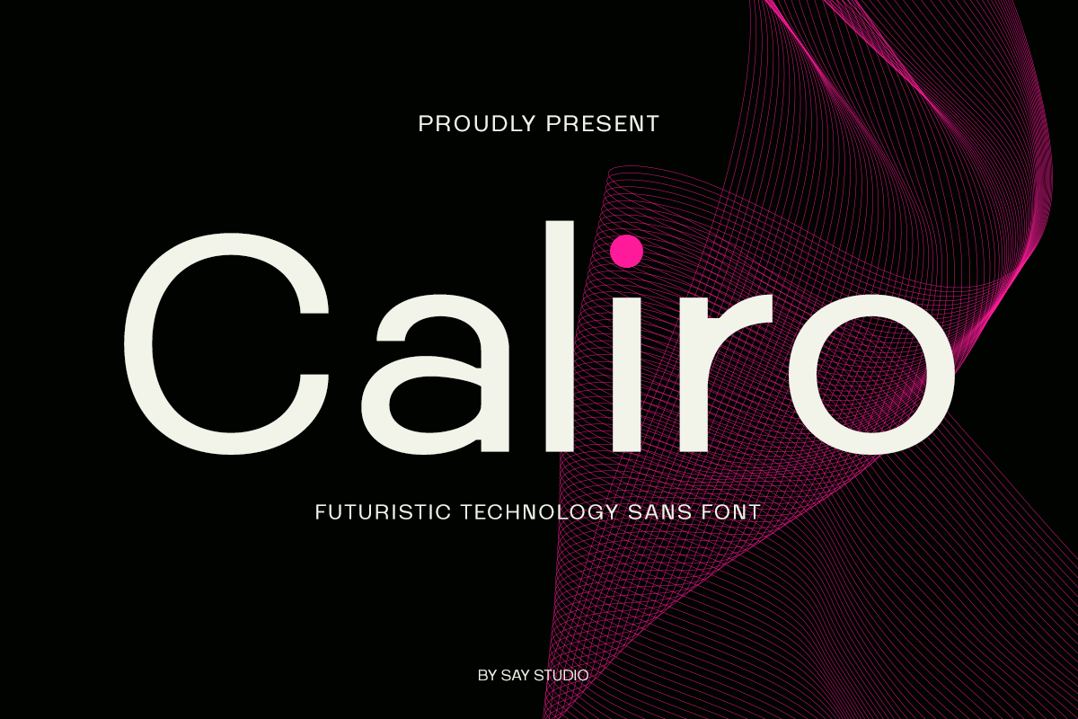 Caliro futuristic sans font with magenta mesh wave on black background