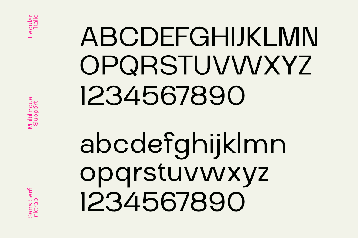 Rogular typeface showing uppercase, lowercase, numbers with regular, multilingual support, sans serif inkwrap styles