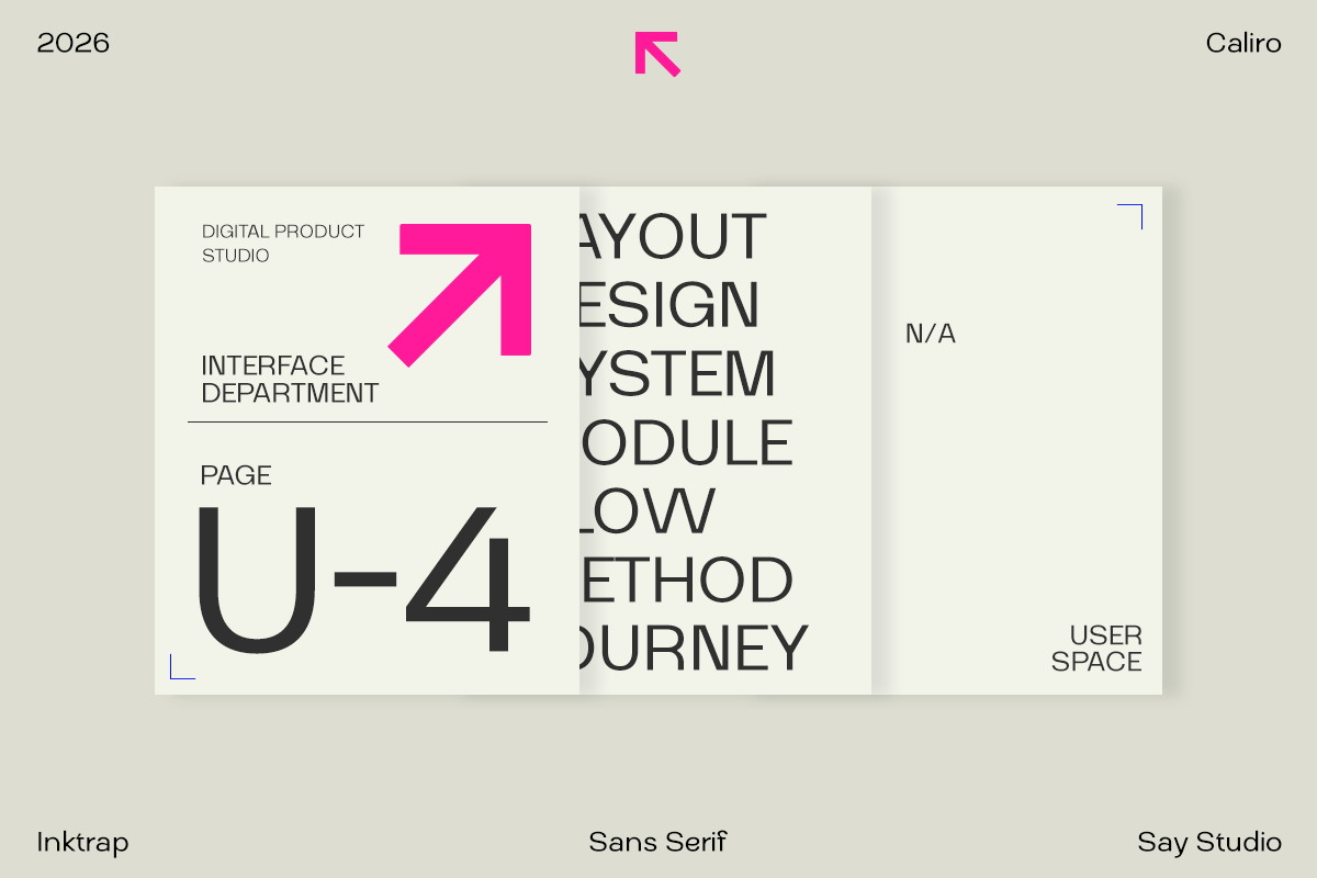 Minimal layout mockup showing page U-4 with pink arrow icon, interface department text, layout system overview journey copy