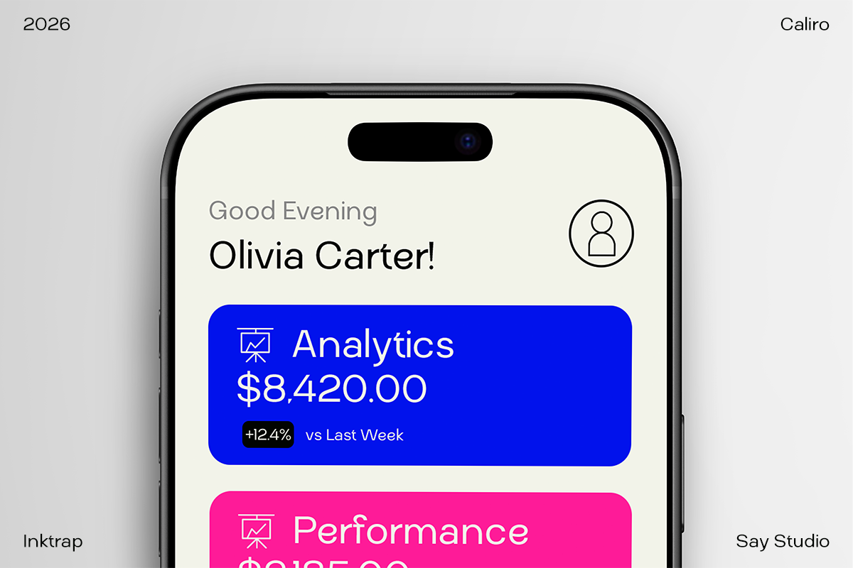 Mobile dashboard mockup showing analytics metrics with blue card displaying $8,420.00 plus performance data below