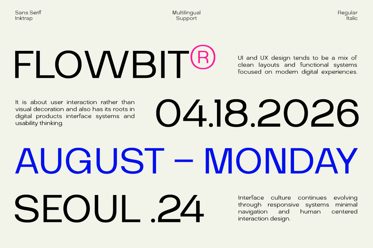 Flowbit font showcase with sans serif inktrap style, multilingual support, regular italic weights displayed