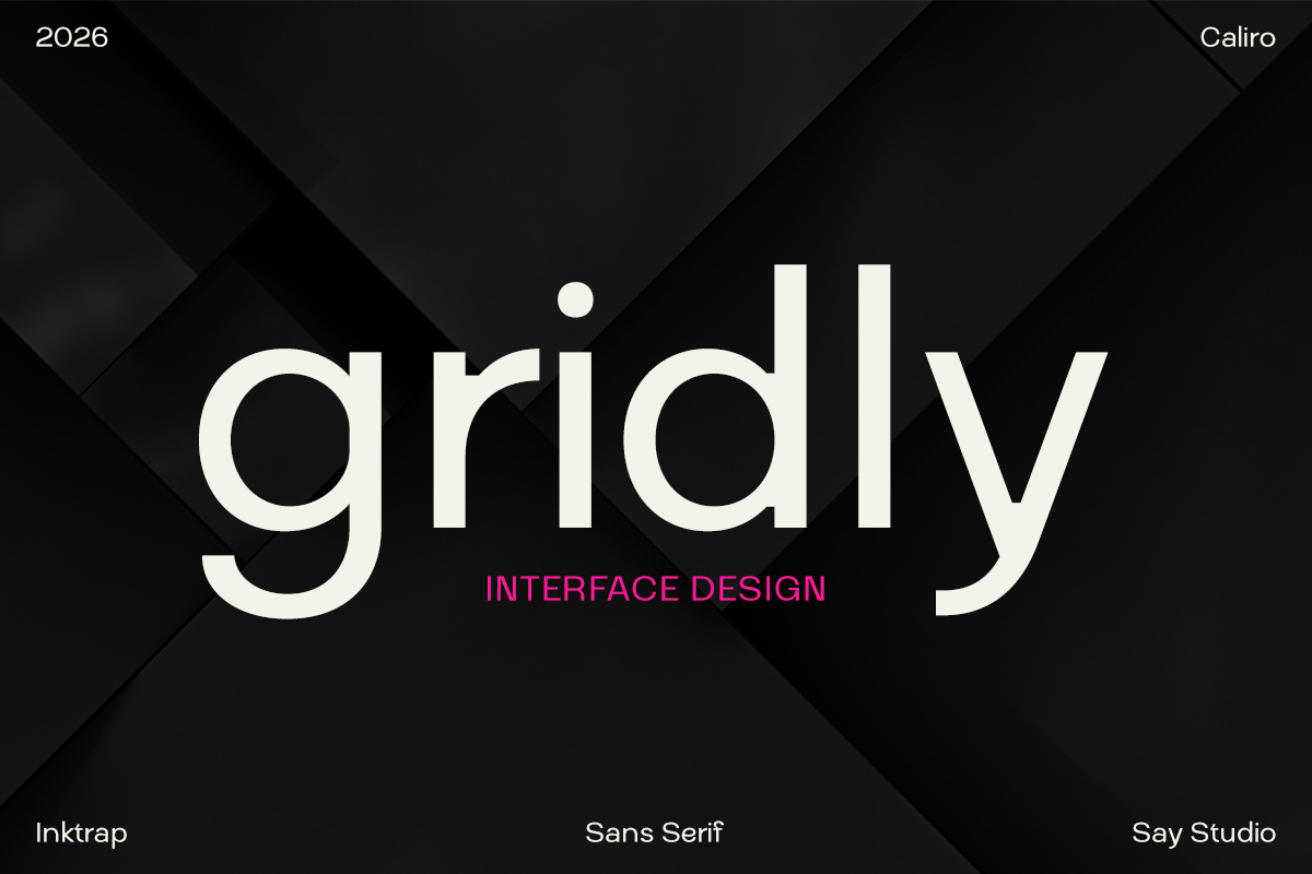 Gridly 2026 Caliro font display with magenta interface design subtitle on geometric black background