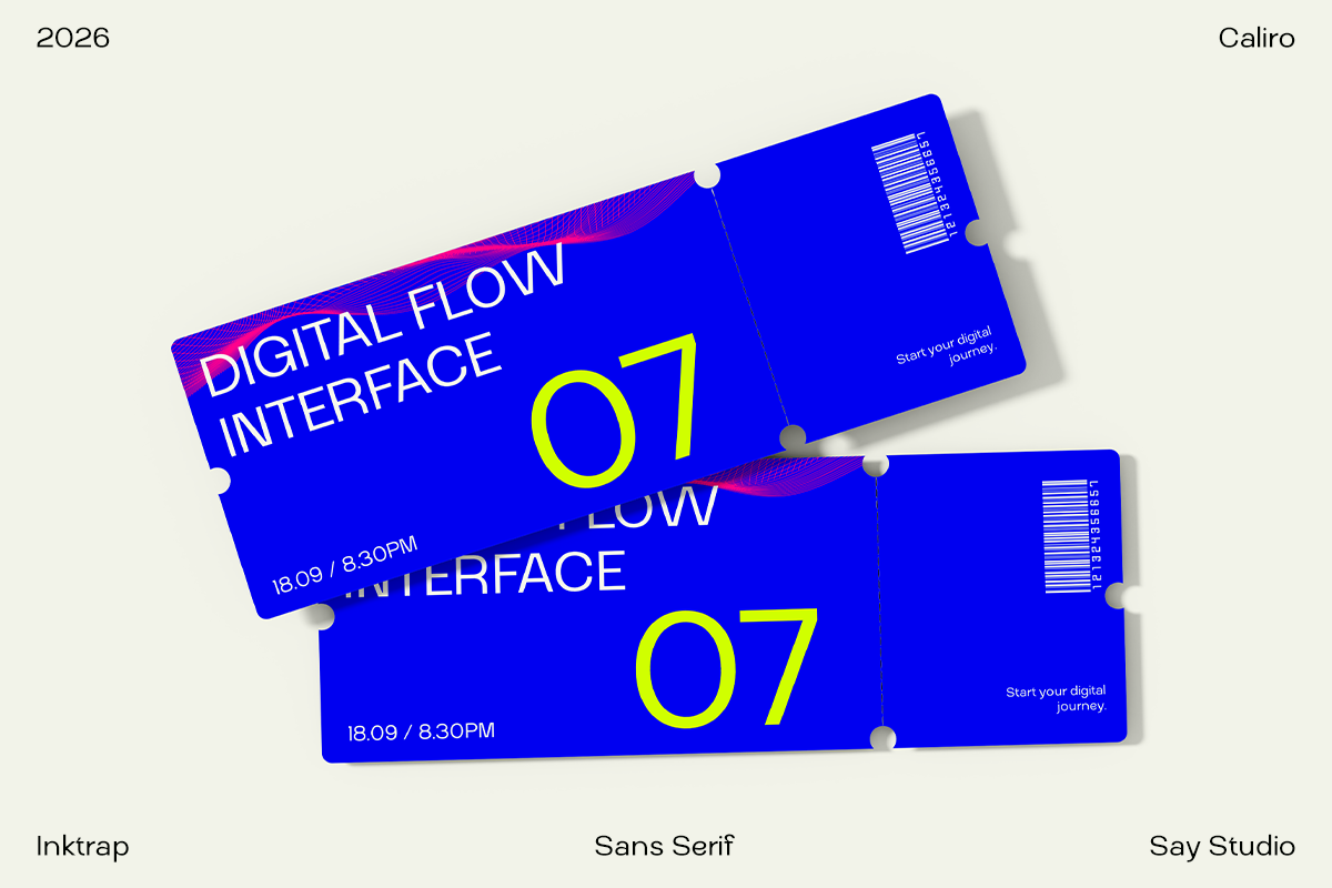 Stacked blue event tickets with bold yellow numbers, pink accents, barcodes