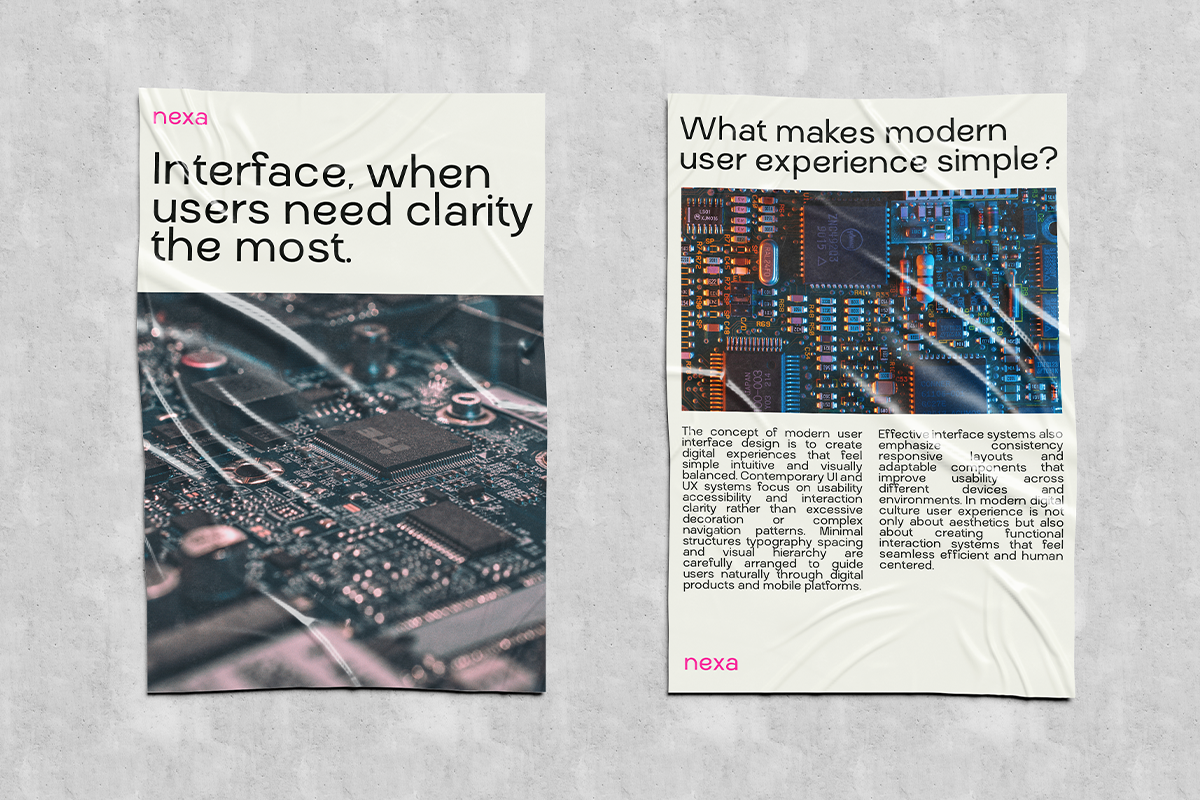 Two mockup pages spread on concrete showing Nexa brand design with circuit board photography, typography about UI clarity, modern interface concepts