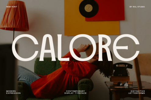 Bold contemporary typeface with striking letterforms overlaid on retro-inspired interior scene with vinyl record