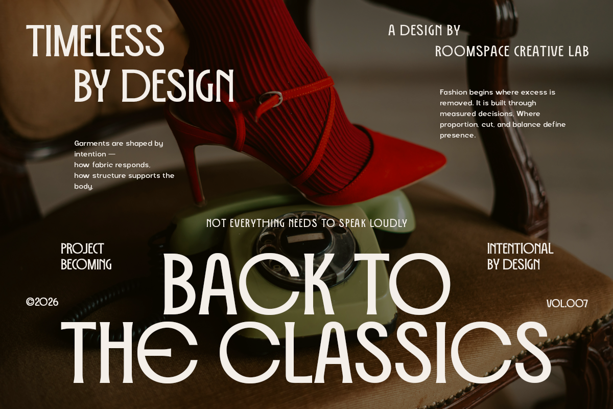 Red heels with minimalist typography layout celebrating intentional fashion design by Roomspace Creative Lab