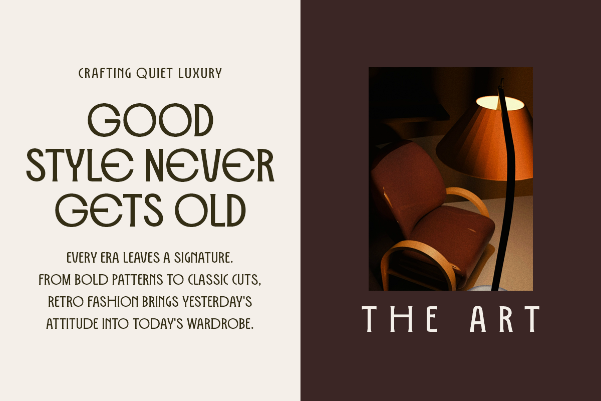 Split layout with retro fashion quote on left, mid-century chair with lamp on right