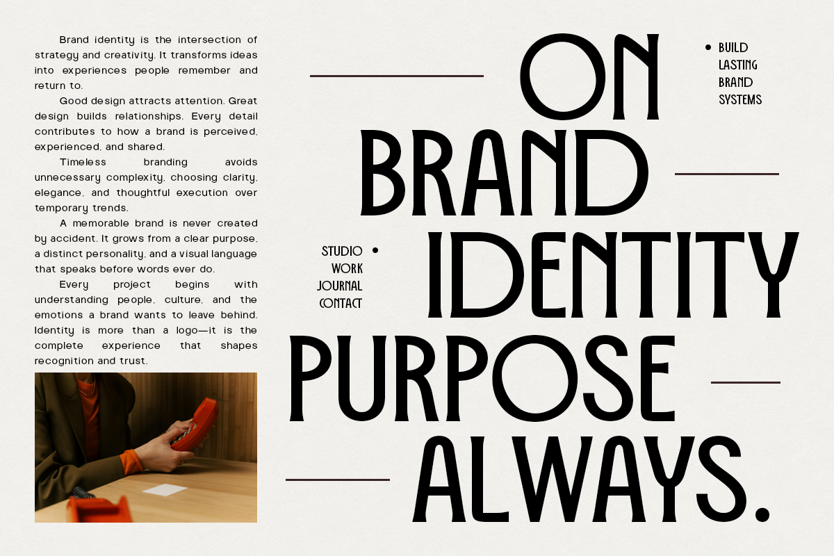 On Brand Identity Purpose Always typography layout with strategy text, studio work journal contact info, bold sans serif type, thin divider lines, small photo of hands holding red object, beige background