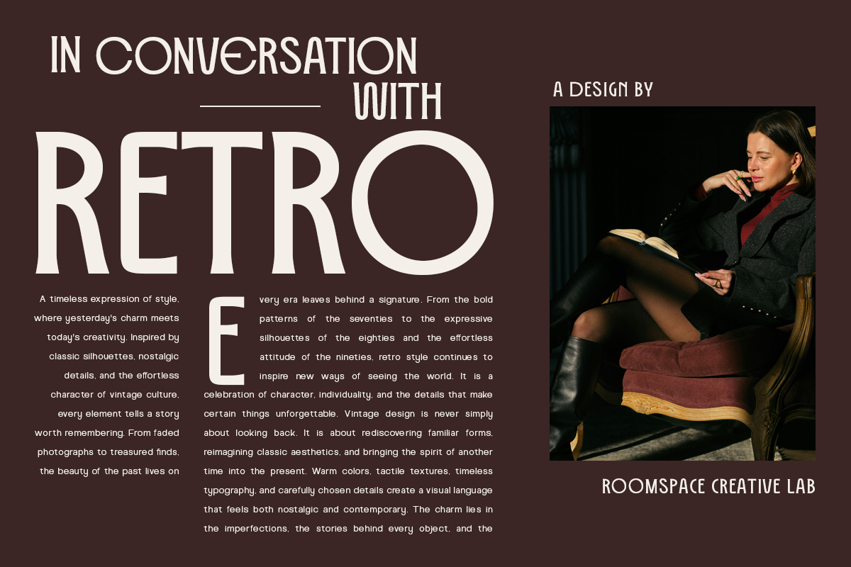 Retro magazine layout with bold typography, vintage photo of woman, warm brown background
