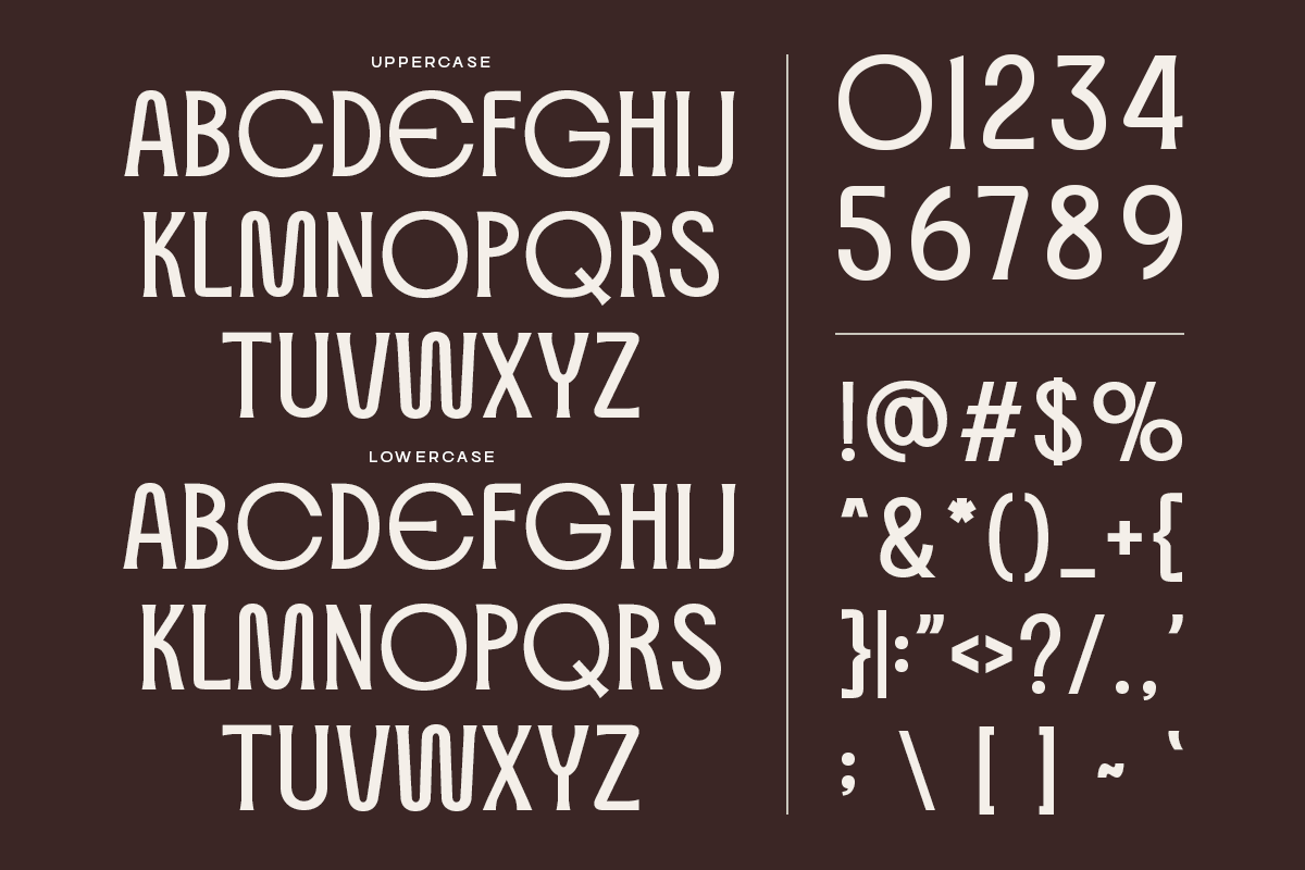 Modern geometric typeface with uppercase, lowercase, numbers, plus symbols on brown background