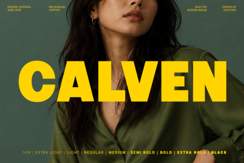 Calven sans serif font display with bold yellow letters over editorial portrait shot