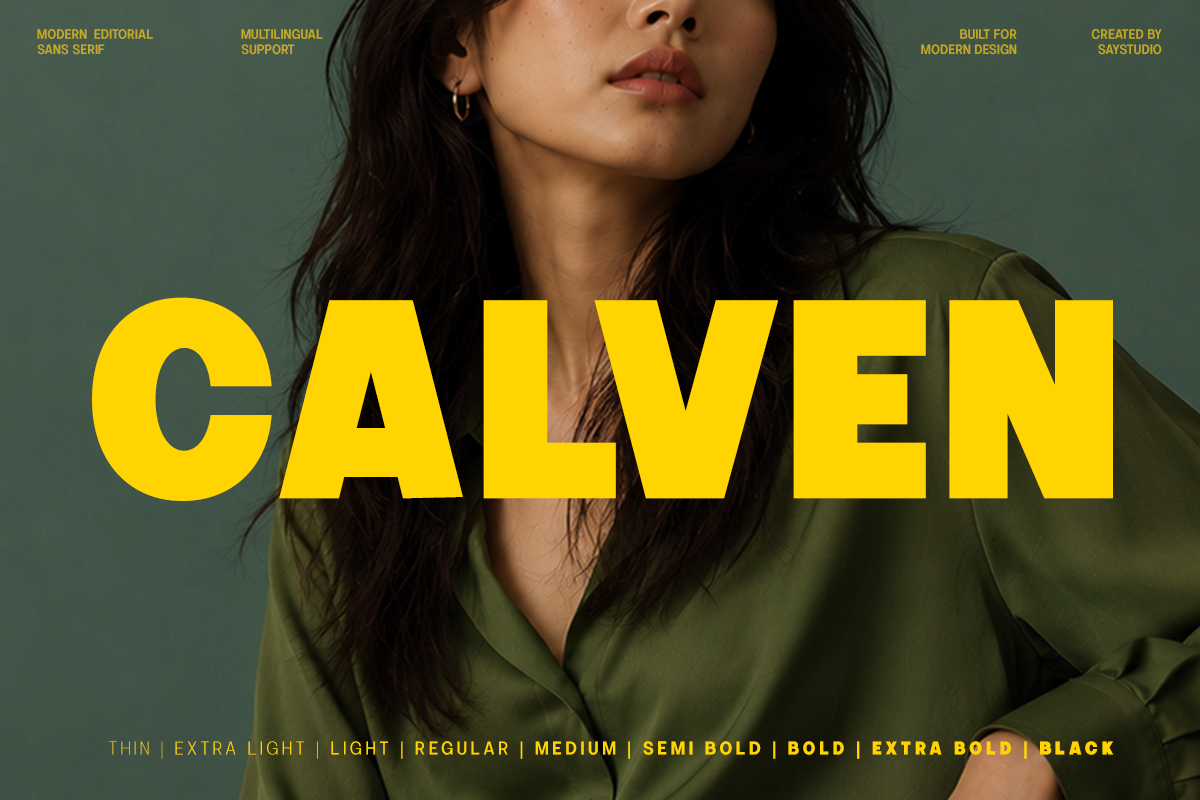 Calven sans serif font display with bold yellow letters over editorial portrait shot