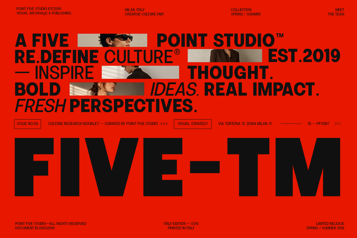 Bold red poster layout for Point Five Studio with black typography, portrait cutouts, layered text design