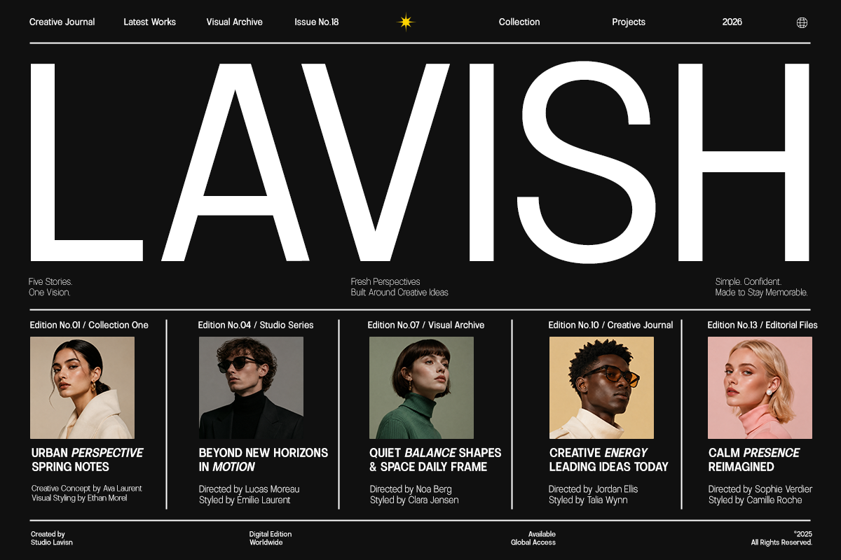 Lavish magazine homepage with bold white typography, navigation menu, five editorial collection thumbnails featuring portrait photography, director credits below each