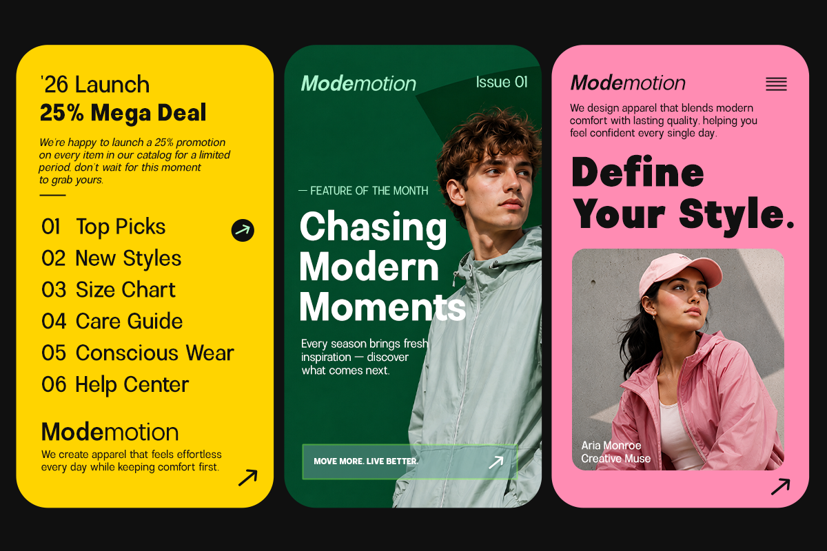 Mobile app screens for Modemotion apparel brand featuring yellow promo card, green editorial layout, pink style guide