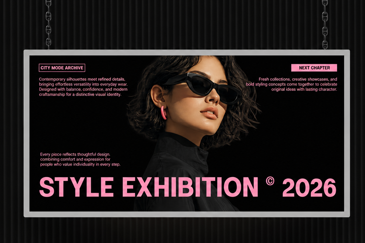 Fashion campaign mockup with model in sunglasses, pink text overlays, contemporary styling on black background