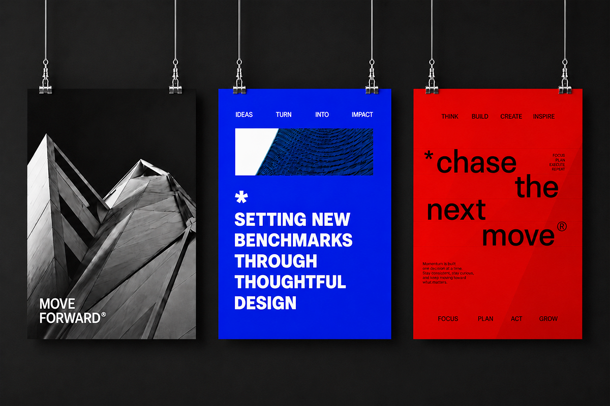 Three hanging posters with bold typography, blue, red, black color blocking in modern design system layout