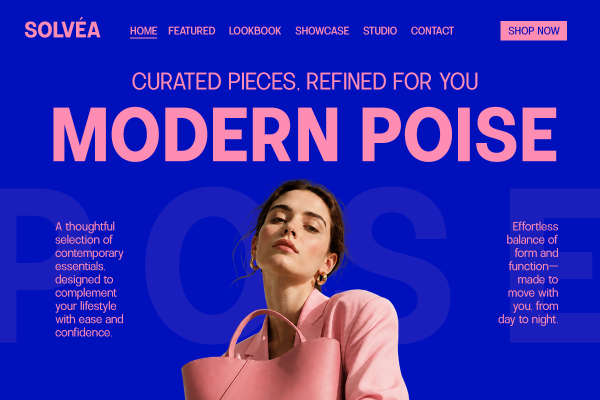 Woman in pink holding tote bag on cobalt blue homepage hero with modern typography