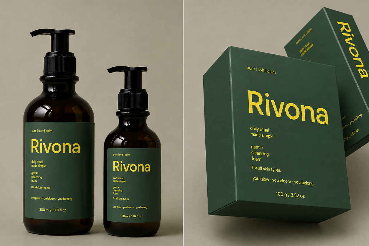 Rivona skincare branding mockup with green bottles, boxes, minimalist label design in yellow text