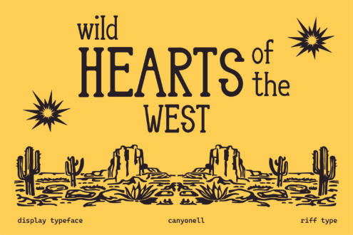 Bold western font with desert landscape, cacti, rock formations, bursts on sunny yellow background