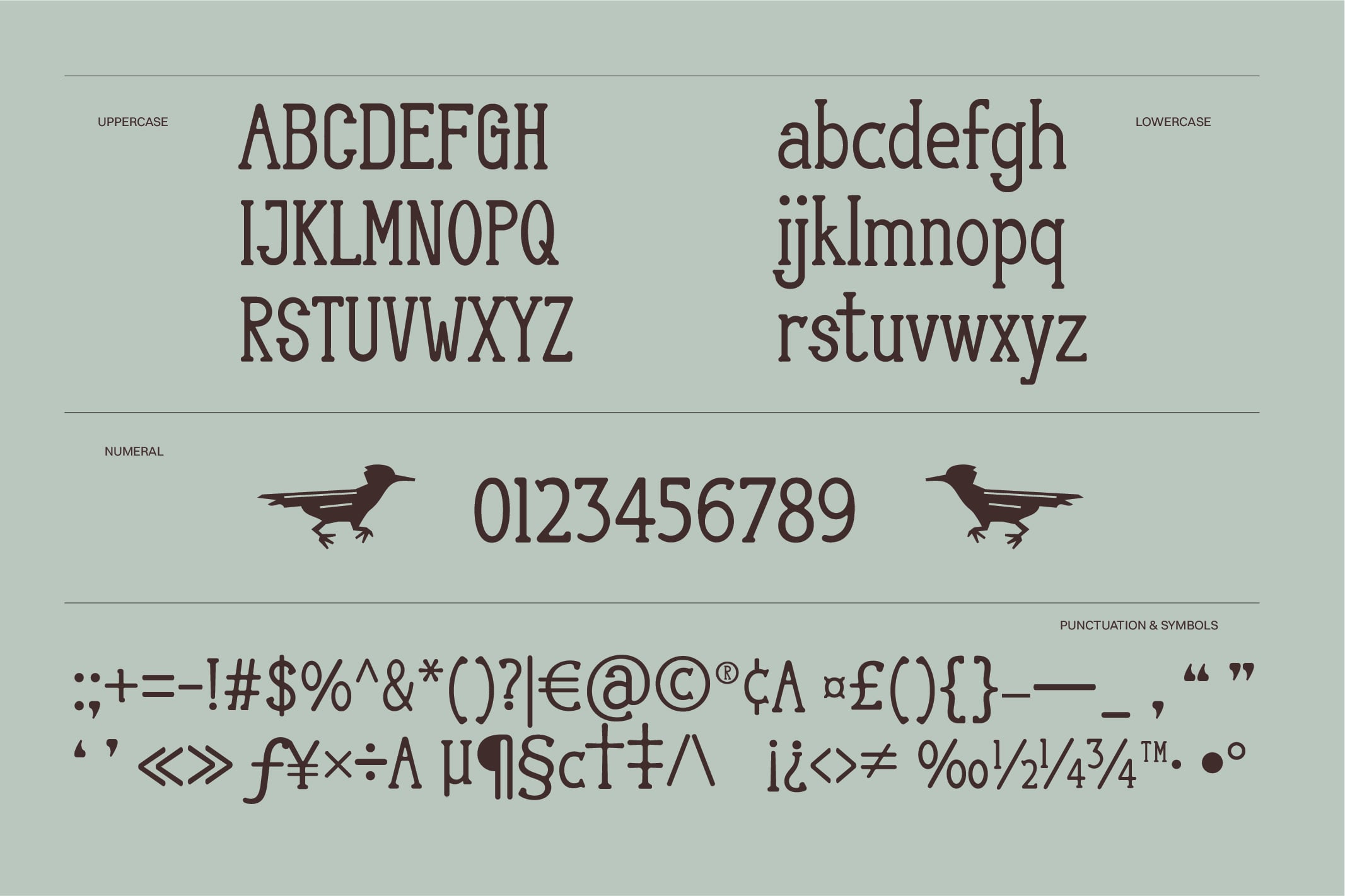 Serif font specimen showing uppercase, lowercase, numbers with bird icons, plus punctuation on mint background