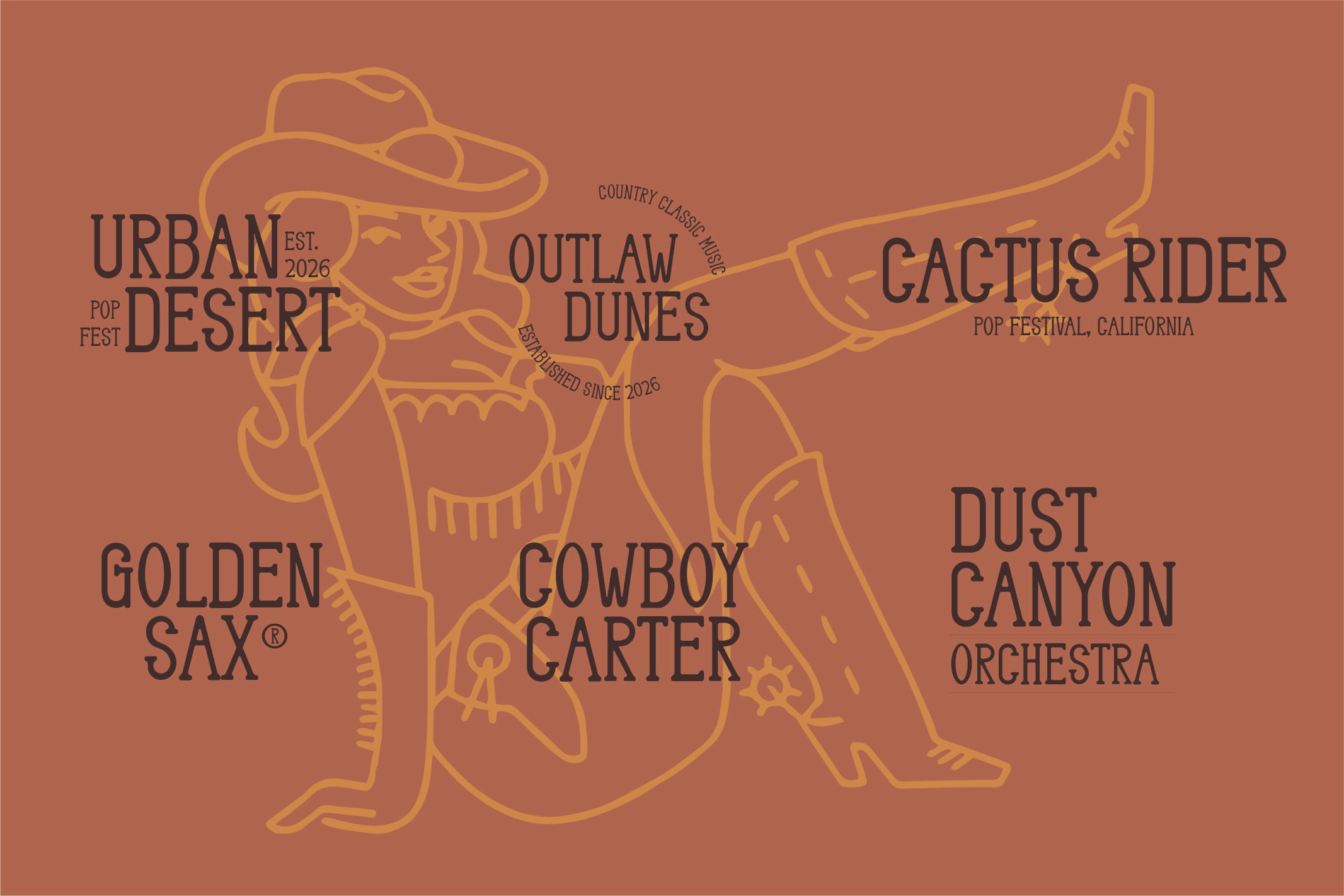 Retro western festival poster with cowgirl illustration in gold line art on rust background