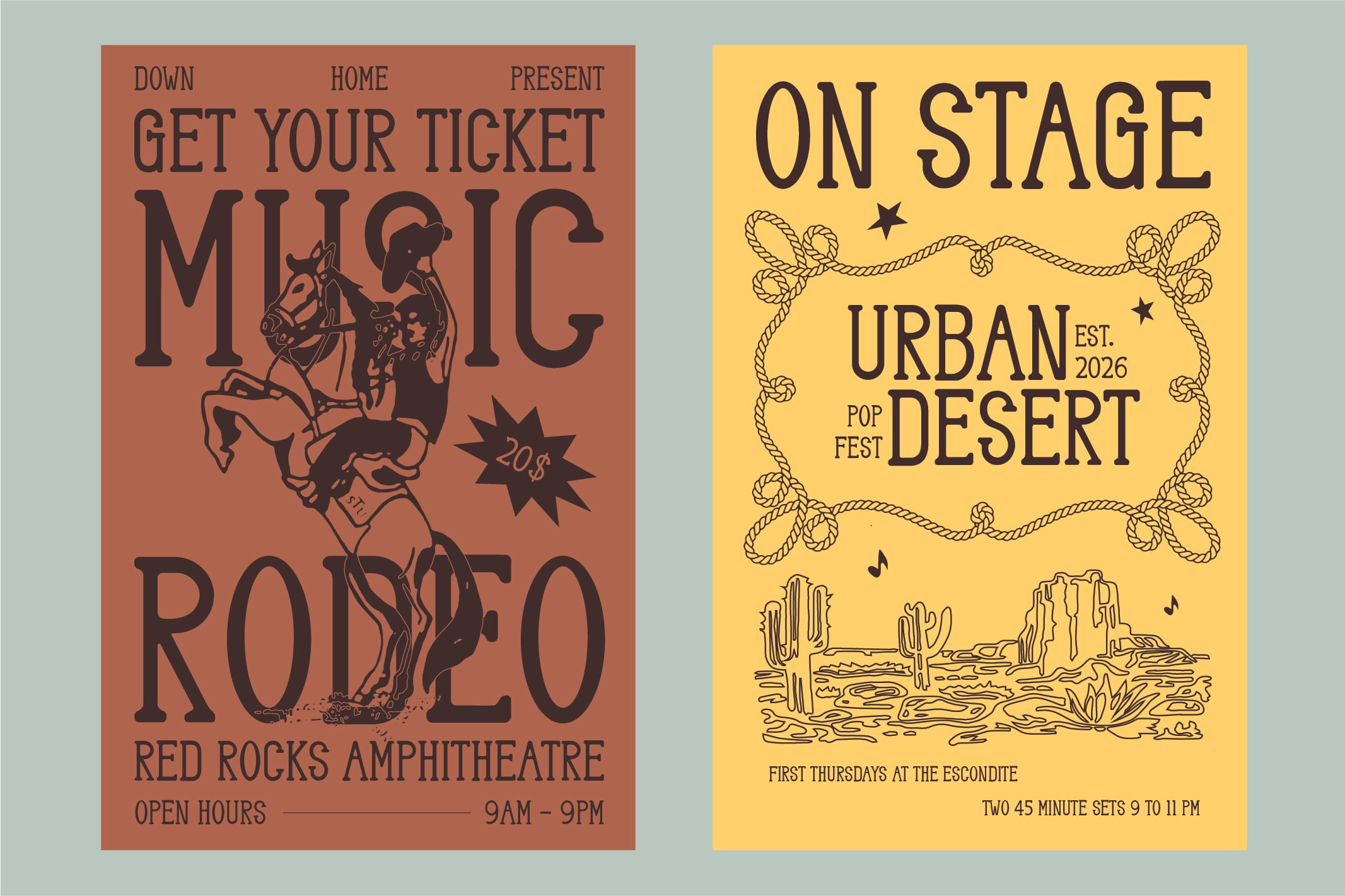 Retro music festival posters with rodeo western vibes, desert cactus illustrations, rope borders, bold typography