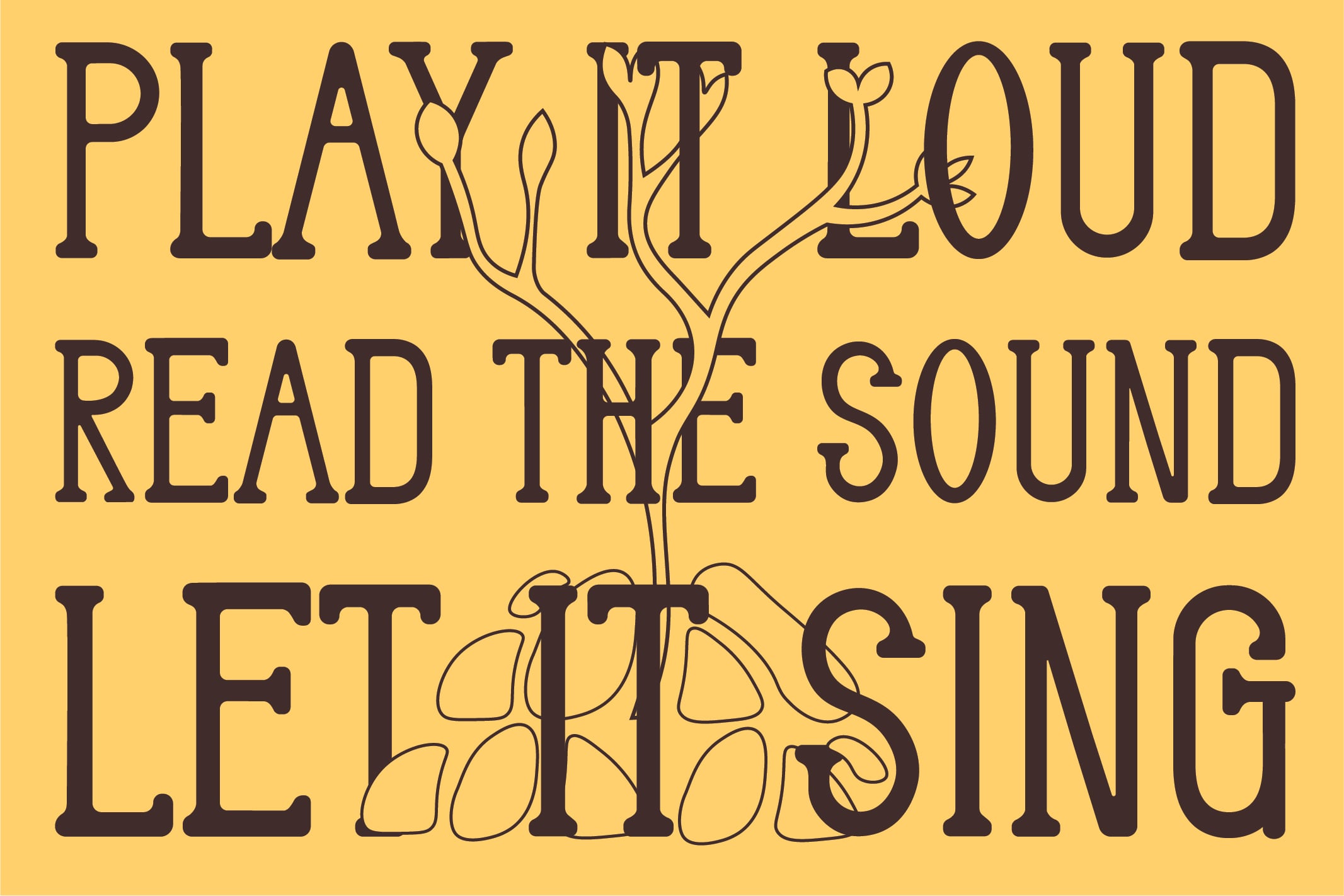 Bold black serif type with botanical line art woven through letters on bright yellow background