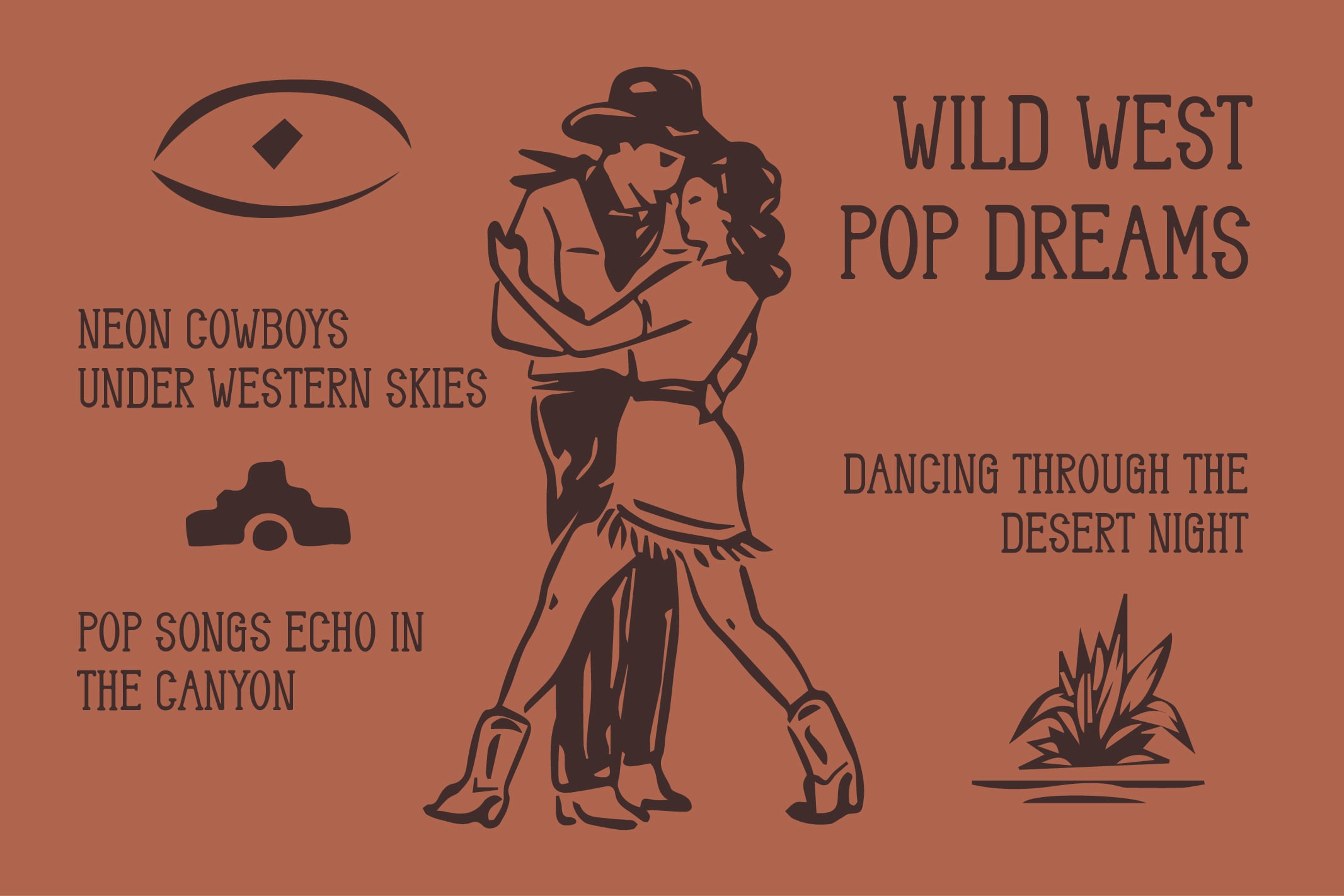 Retro western poster with cowgirl, mystical eye, cactus, text about neon cowboys