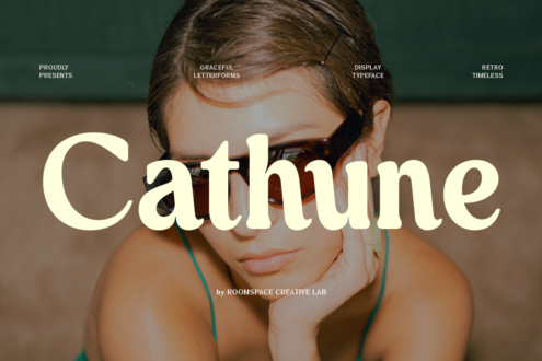 Cathune typeface overlaid on portrait of person wearing sunglasses, retro vibes