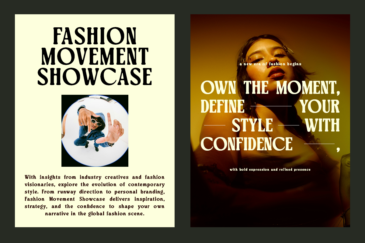 Bold fashion campaign mockup with moody gold lighting, confident portrait, runway-inspired typography layouts