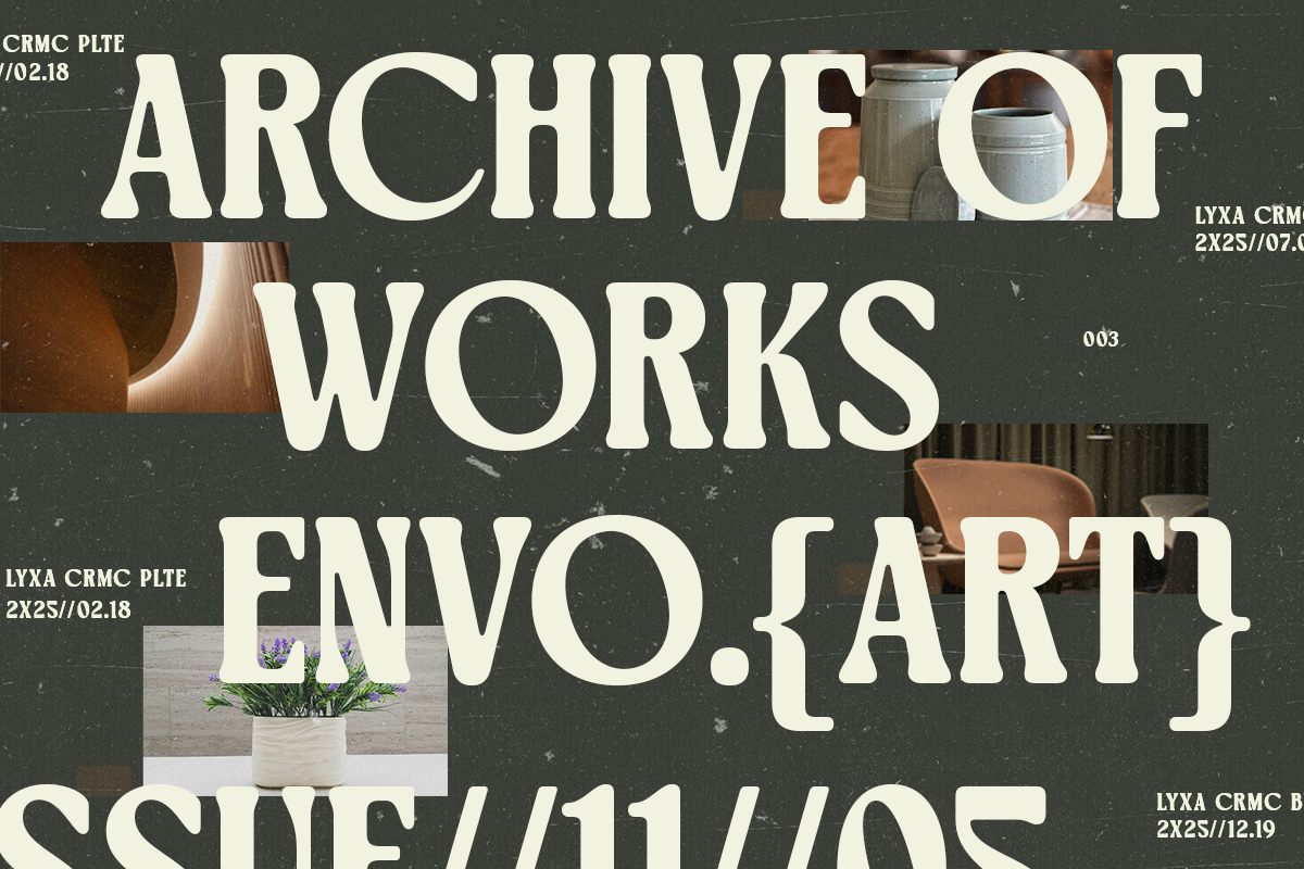 Archive of Works Envoart collage mockup with ceramics, plants, vintage textures