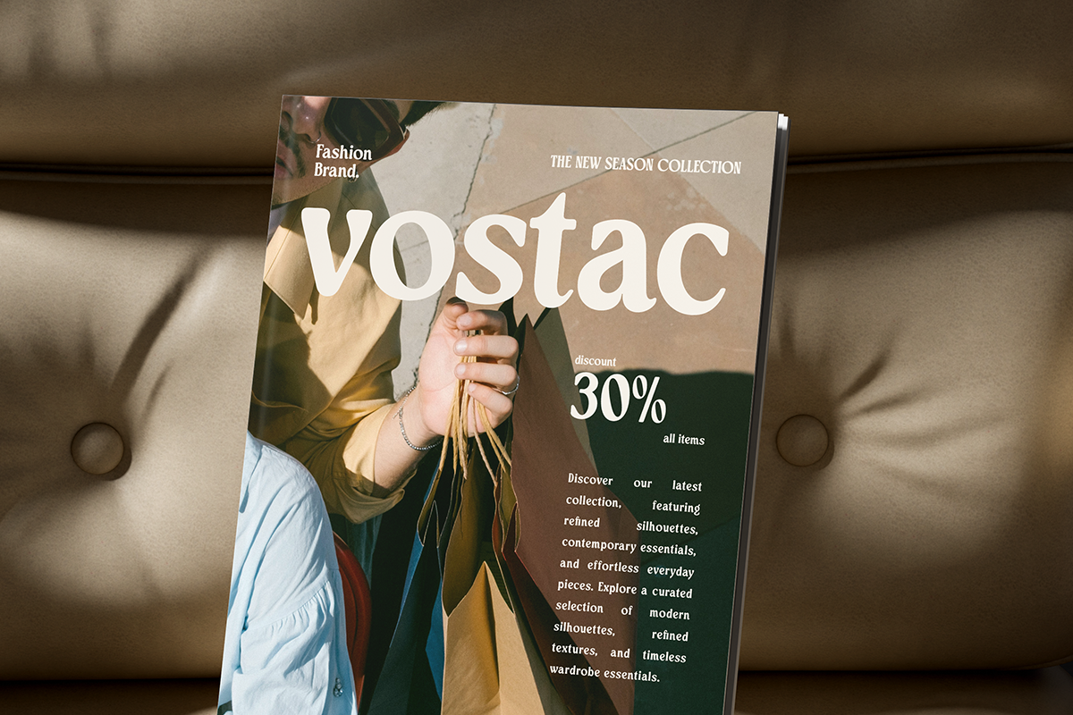 Magazine cover mockup for fashion brand with layered clothing, 30% discount offer displayed