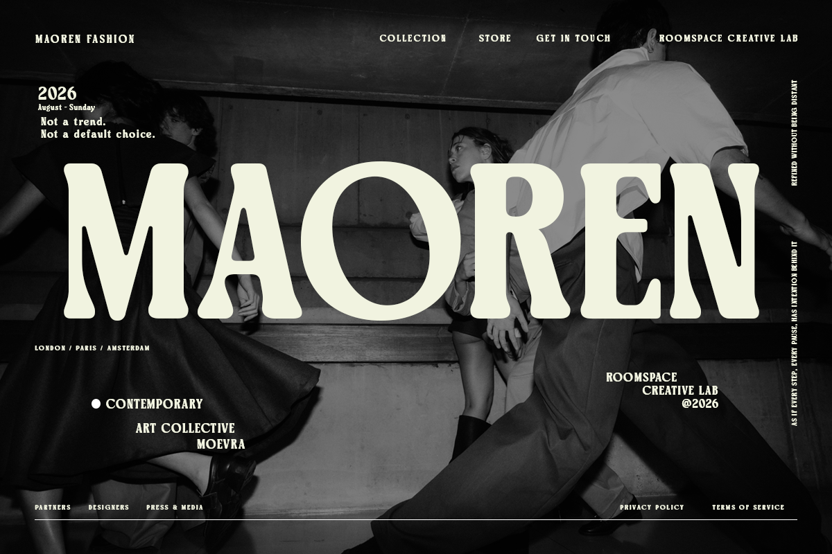 Bold cream typography overlaying moody black-and-white fashion editorial with draped fabric details