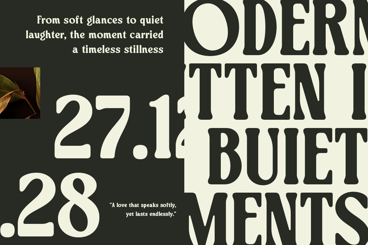Modern serif font pairing mockup with romantic quote, dark green background, cream typography samples