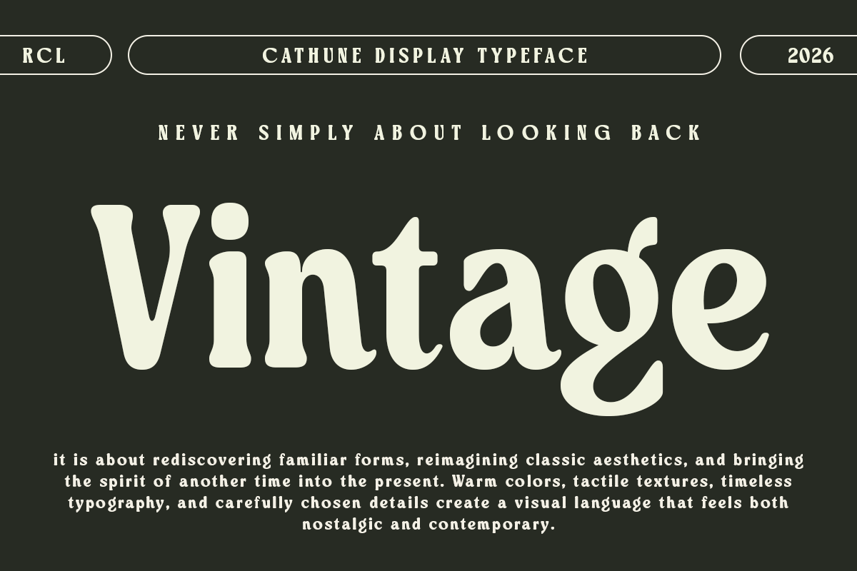 Cathune Display typeface in cream on dark green with retro vibes