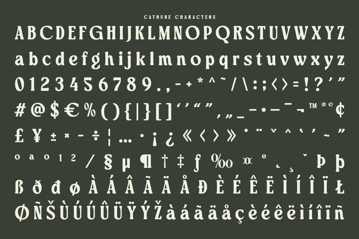 Cathune serif typeface showing full character set with uppercase, lowercase, numbers, symbols, plus international accents on dark background