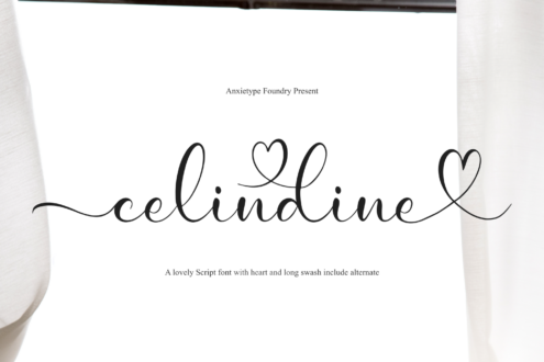 Celindine script font with decorative hearts by Anxietype Foundry