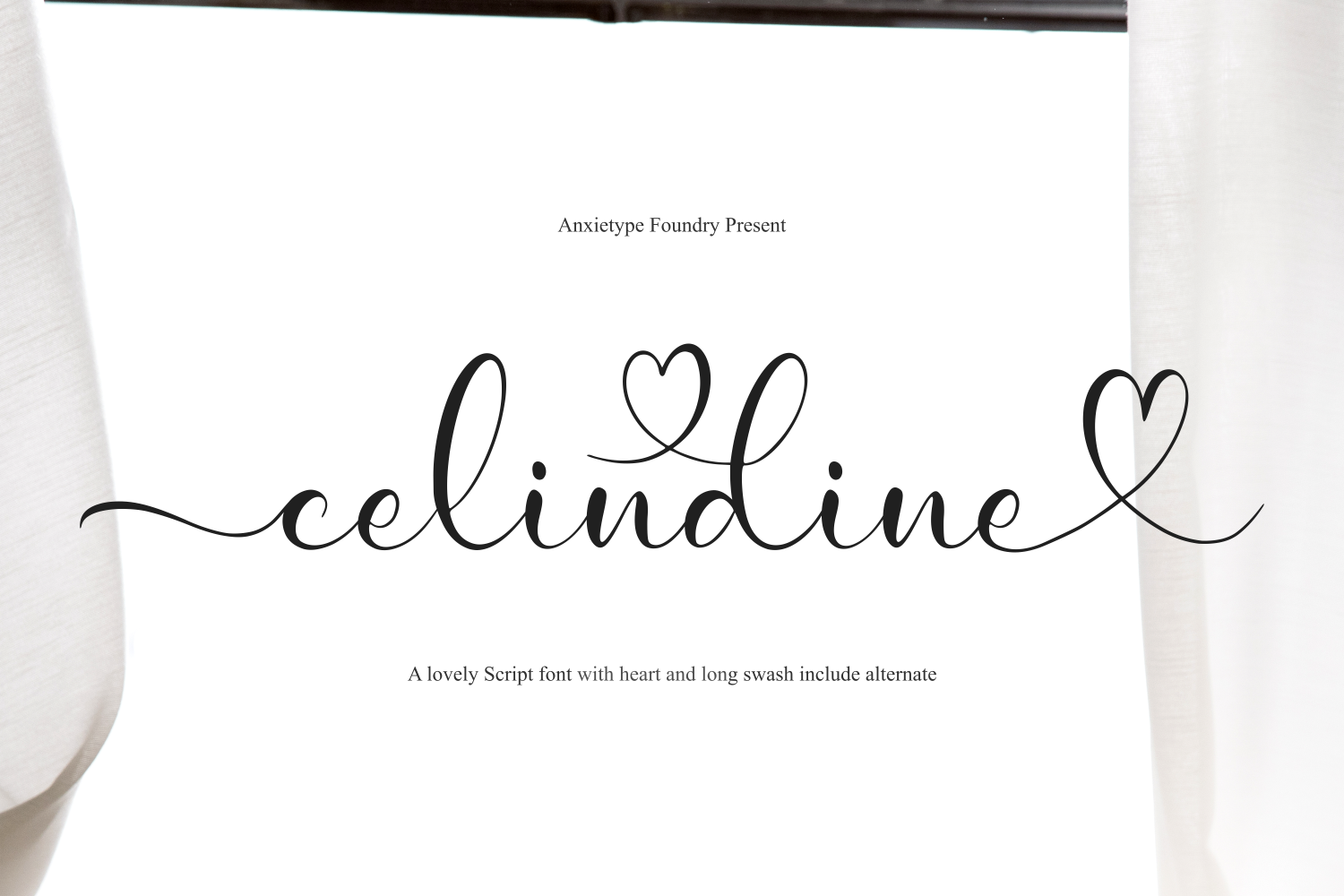 Celindine script font with decorative hearts by Anxietype Foundry