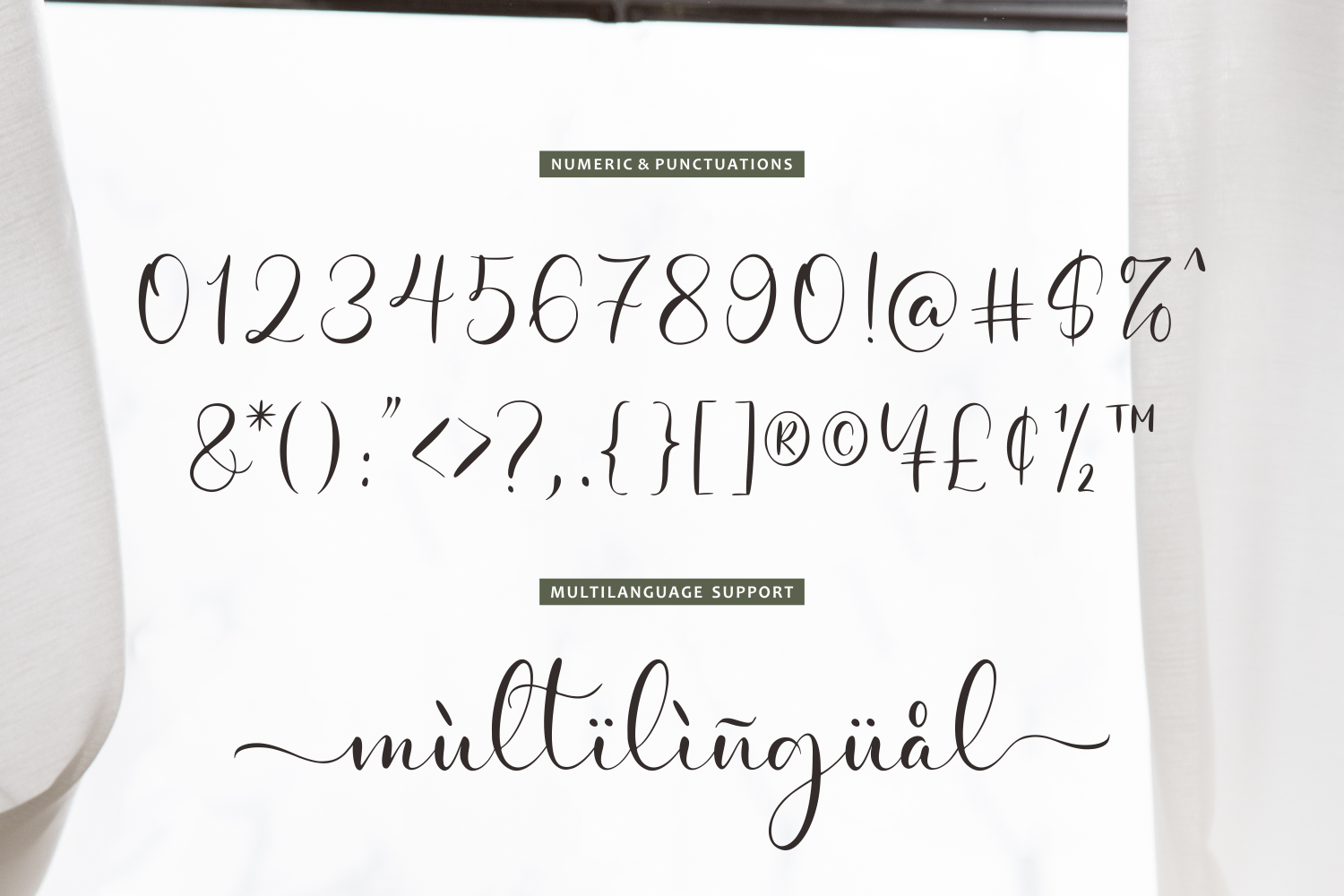 Elegant script font sample showing numbers, symbols, punctuation marks, plus multilingual character support displayed on paper