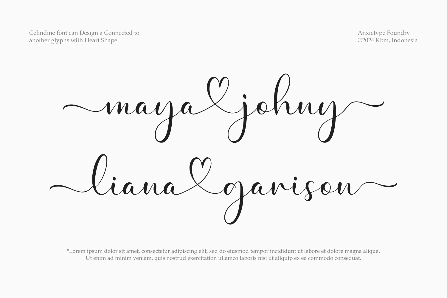 Celindine script font with connected heart glyphs between two names in elegant flowing calligraphy