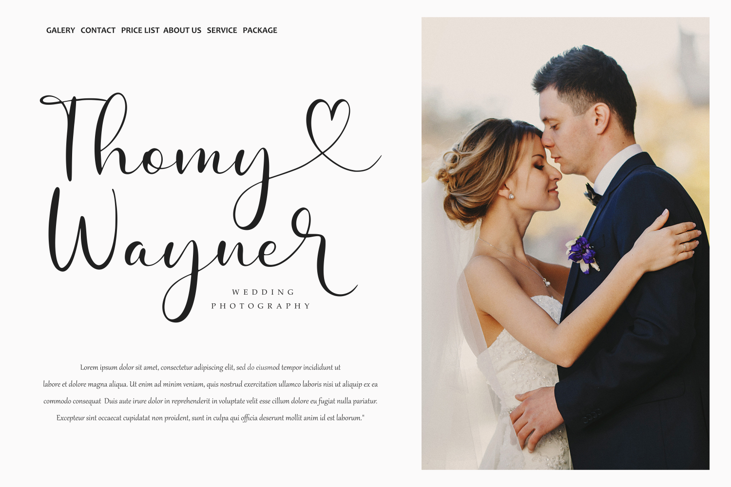 Wedding photography website mockup with elegant script logo, couple photo, navigation menu