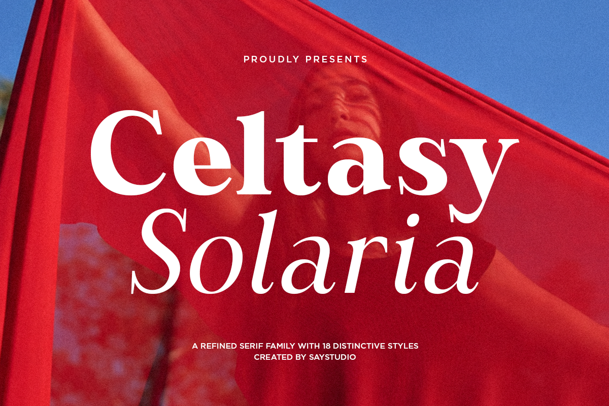Celtasy Solaria serif font family displayed on bold red fabric against blue sky